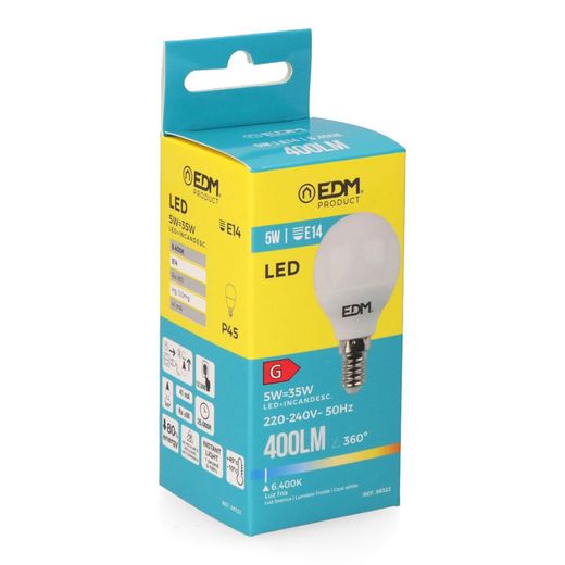 Bombilla Esferica Led E14 5 W 400 Lm 6400 K Luz Fria Ø4,5 X 8 Cm