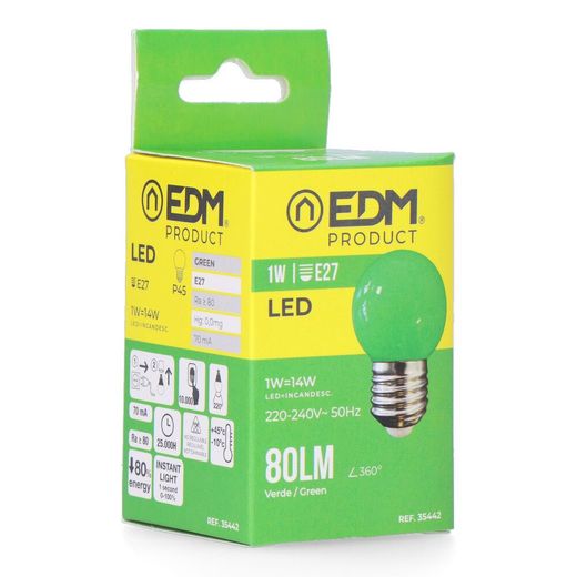 Bombilla Esferica Led E27 1 W 80 Lm Luz Verde Ø45 X 69 Mm
