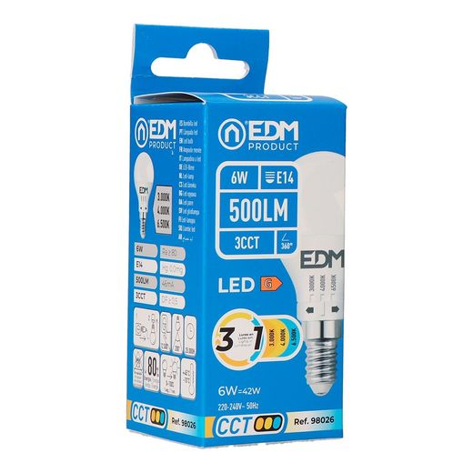 Bombilla Esférica Led P45 E14, 6 W, 500 Lm, 3Cct, Ø45 X 87 Mm