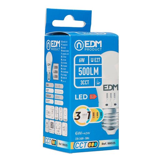 Bombilla Esférica Led P45 E27, 6 W, 500 Lm, 3Cct, Ø45 X 88 Mm