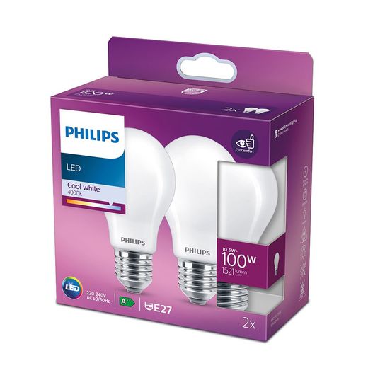 Bombilla Estándar Led E27, 10,5 W, 1521 Lm, 4000K, Luz Día, 2 Uds