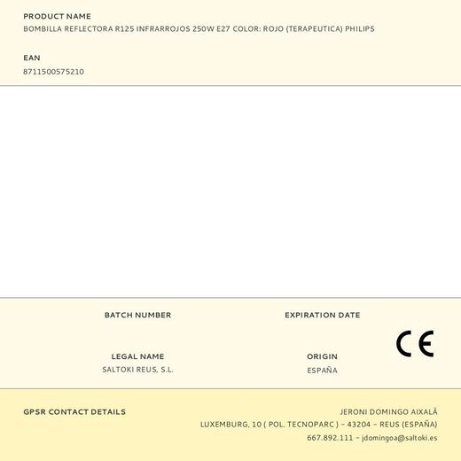 Bombilla Reflectora R125 Infrarrojos 250W E27 Color: Rojo (Terapeutica) Philips