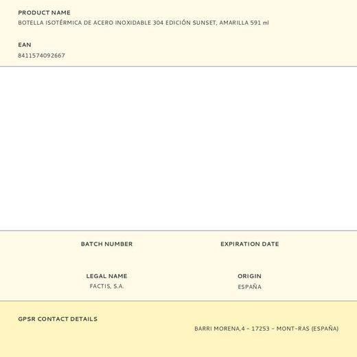 Botella Isotérmica De Acero Inoxidable 304 Edición Sunset Amarilla 591 Ml