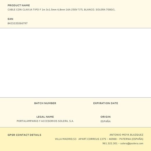 Cable Con Clavija Tipo F 1M 3X1.5Mm 4,8Mm 16A 250V T/Tl Blanco. Solera 7000/1.