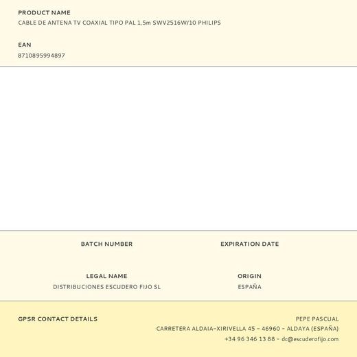 Cable De Antena Tv Coaxial Tipo Pal 1,5M Swv2516W/10 Philips