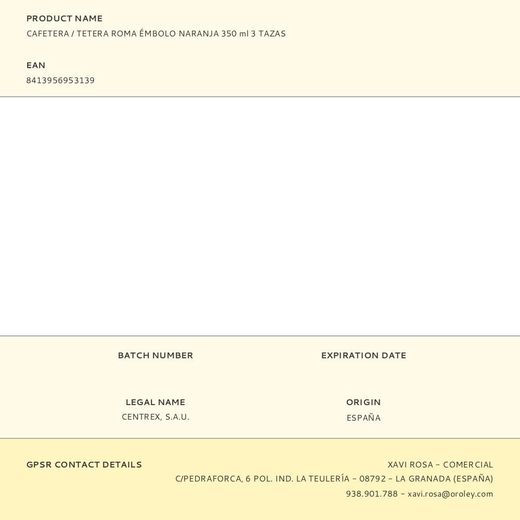 Cafetera / Tetera Roma Émbolo Naranja 350 Ml 3 Tazas