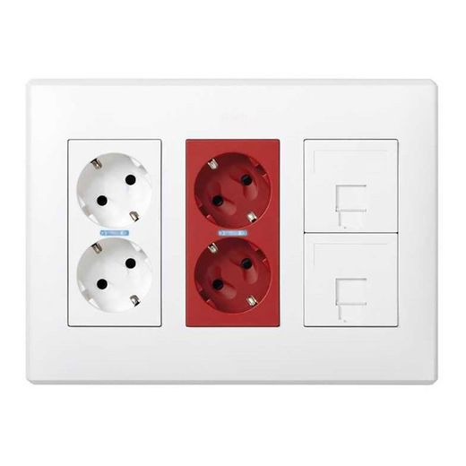 Caja Con 2 Schukos Blancos + 2 Schukos Rojos + 2 Rj45  500 Cima Superficie O Empotrar Blanca