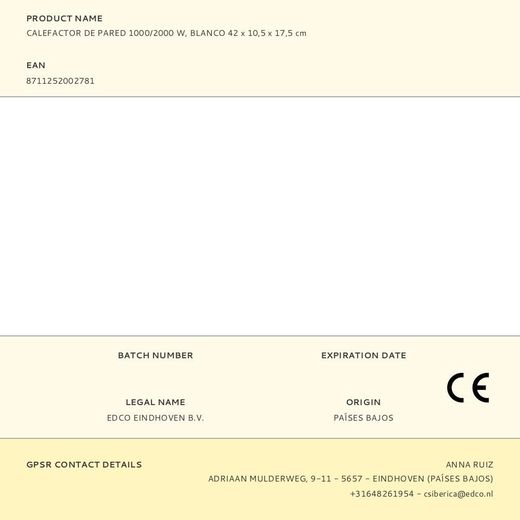 Calefactor De Pared 1000/2000 W, Blanco 42 X 10,5 X 17,5 Cm