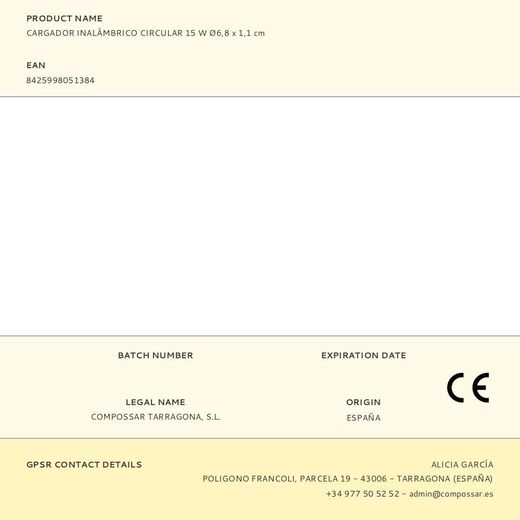 Cargador Inalámbrico Circular 15 W Ø6,8 X 1,1 Cm