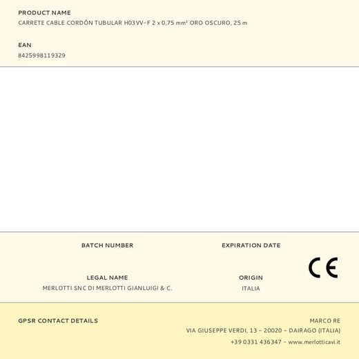 Carrete Cable Cordón Tubular H03Vv-F 2 X 0,75 Mm² Oro Oscuro, 25 M