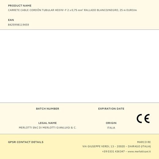 Carrete Cable Cordón Tubular H03Vv-F 2 X 0,75 Mm² Rallado Blanco/Negro, 25 M Euro/M