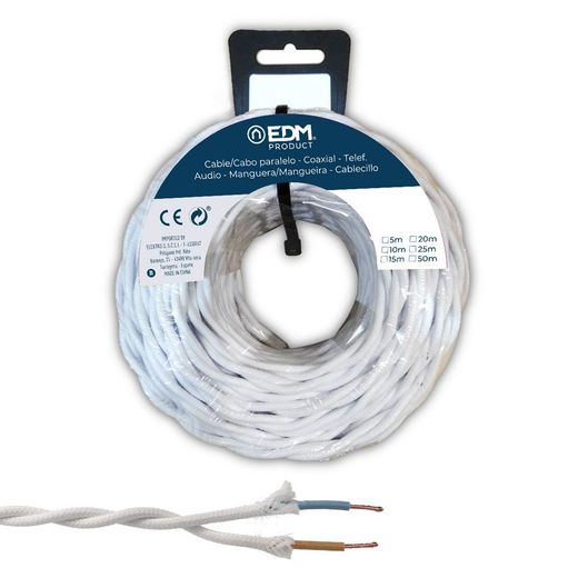 Carrete Cable Paralelo Textil Trenzado H05V-K 2 X 1,00 Mm² Blanco, 25 M