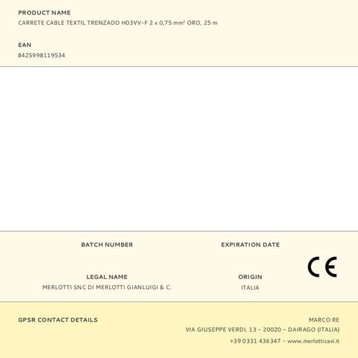 Carrete Cable Textil Trenzado H03Vv-F 2 X 0,75 Mm² Oro, 25 M