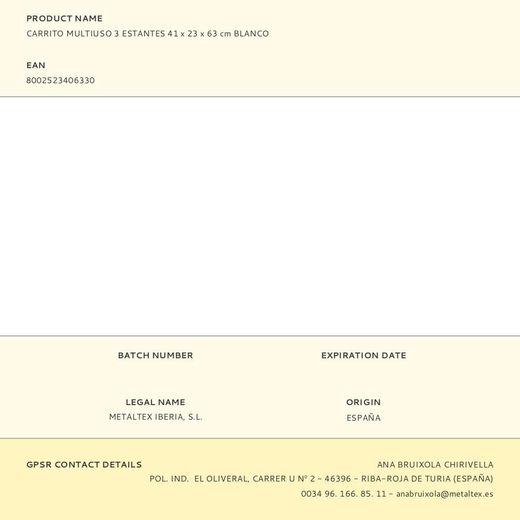 Carrito Multiuso Con 3 Cestos, Blanco, 41 X 23 X 63 Cm