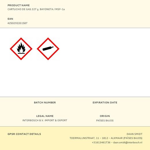 Cartucho De Gas 227 G  Bayoneta / Msf-1A