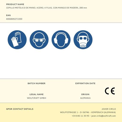 Cepillo Metálico De Mano, Acero, 4 Filas, Con Mango De Madera, 280 Mm