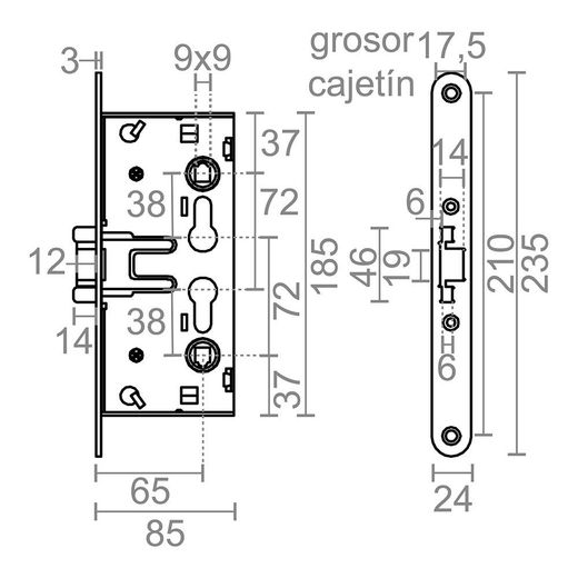 Cerradura Embutir Cortafuego Sin Cilindro Cre09 72 Mm Zincado