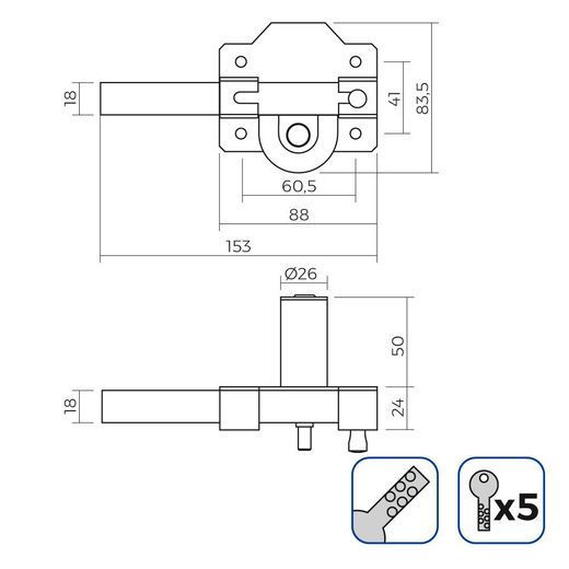 Cerrojo De Superficie Dorado Con Cilindro Redondo De Seguridad Y Pestillo Apertura