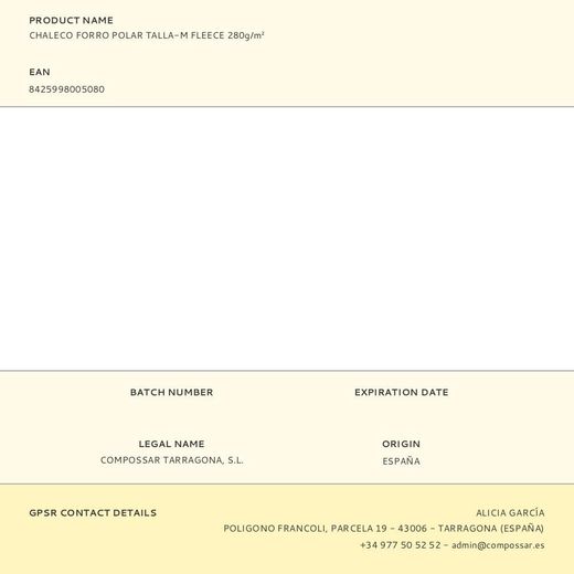 Chaleco Forro Polar Talla-M Fleece 280G/M²