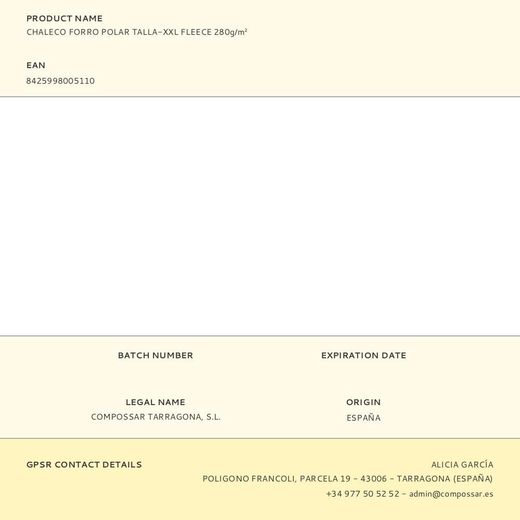 Chaleco Forro Polar Talla-Xxl Fleece 280G/M²