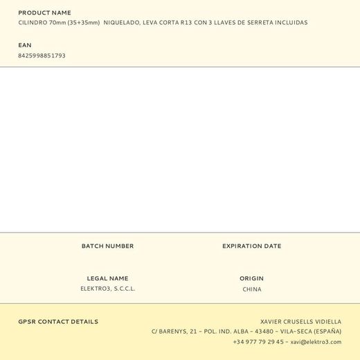 Cilindro 70Mm (35+35Mm)  Niquelado, Leva Corta R13 Con 3 Llaves De Serreta Incluidas