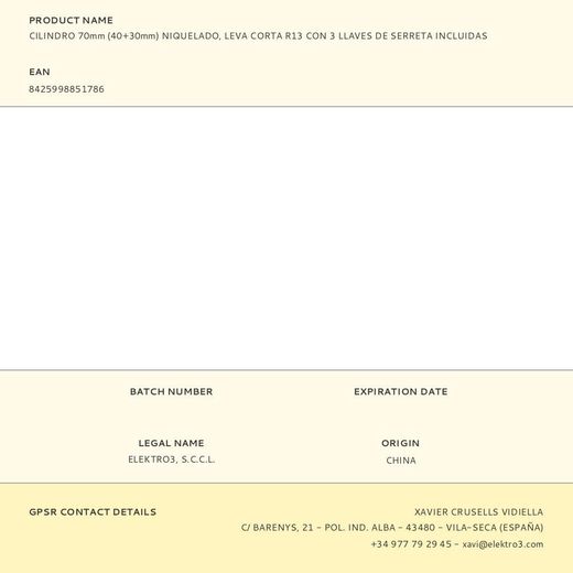 Cilindro 70Mm (40+30Mm) Niquelado, Leva Corta R13 Con 3 Llaves De Serreta Incluidas