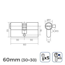 Cilindro De Latón 60Mm (30+30Mm) Leva Corta R13 Con 5 Llaves De Seguridad Incluidas