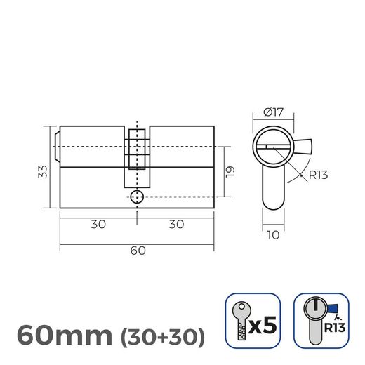 Cilindro De Latón 60Mm (30+30Mm) Leva Corta R13 Con 5 Llaves De Seguridad Incluidas