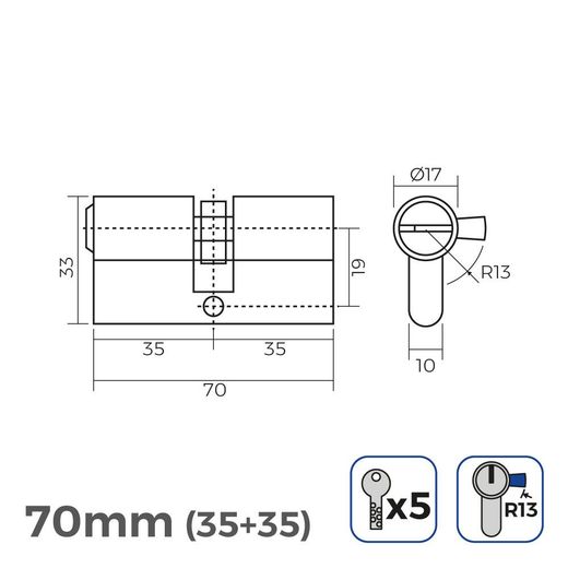 Cilindro De Latón 70Mm (35+35Mm) Leva Corta R13 Con 5 Llaves De Seguridad Incluidas