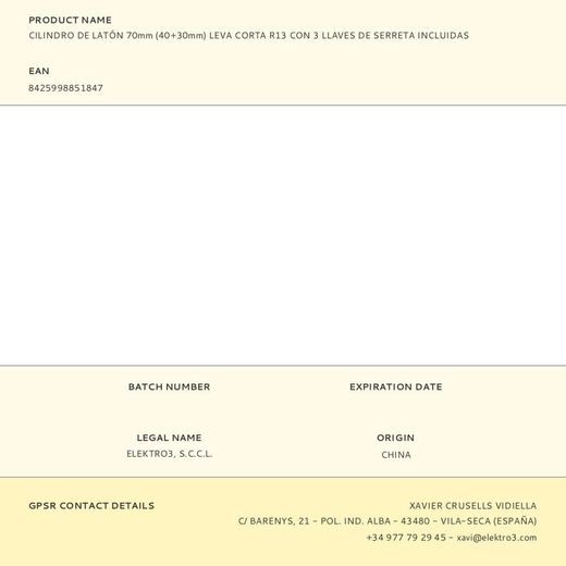 Cilindro De Latón 70Mm (40+30Mm) Leva Corta R13 Con 3 Llaves De Serreta Incluidas