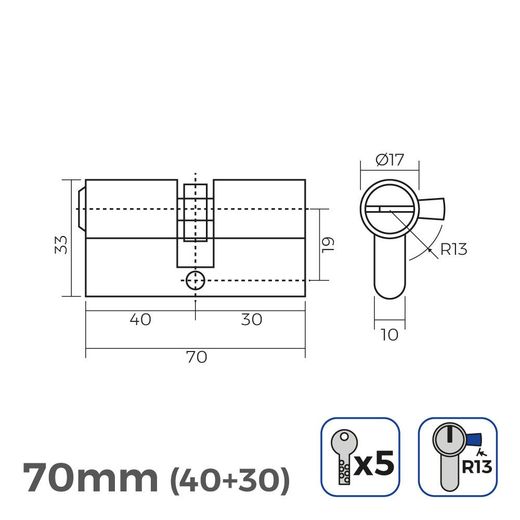 Cilindro De Latón 70Mm (40+30Mm) Leva Corta R13 Con 5 Llaves De Seguridad Incluidas