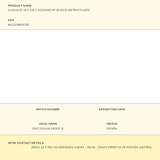 Clavija 2P 10 A 250 V Acodada 90° Blanco (Retractilado)