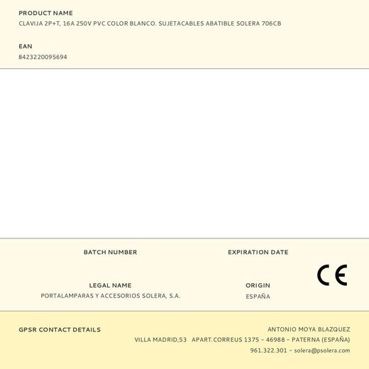 Clavija 2P+T, 16A 250V Pvc Color Blanco. Sujetacables Abatible Solera 706Cb