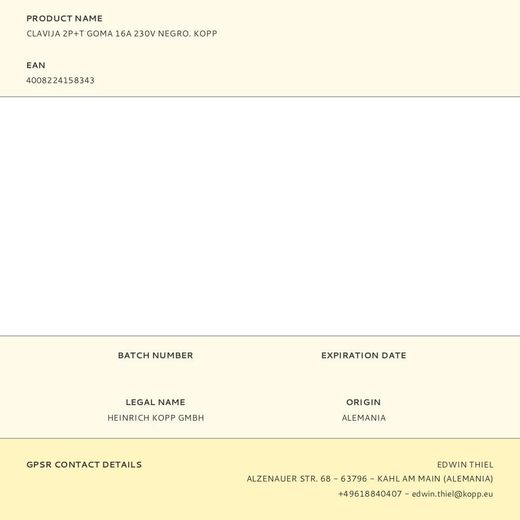 Clavija 2P+T Goma 16A 230V Negro. Kopp