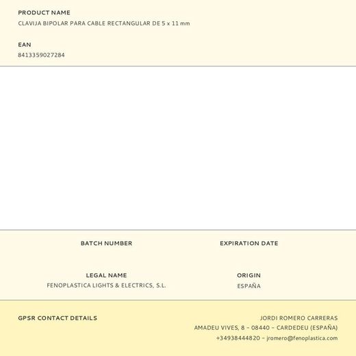 Clavija Bipolar Para Cable Rectangular De 5 X 11 Mm