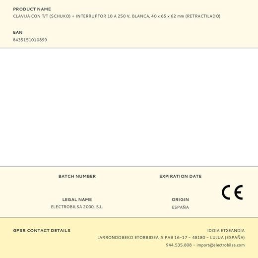 Clavija Con T/T (Schuko) + Interruptor 10 A 250 V, Blanca, 40 X 65 X 62 Mm (Retractilado)