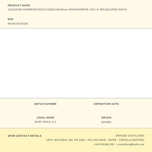 Colgador Adherente Reutilizable 80X62Mm Transparente 1291-0-000 (Blister) Inofix