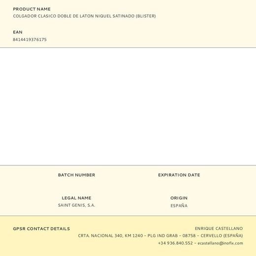 Colgador Clasico Doble De Laton Niquel Satinado (Blister)