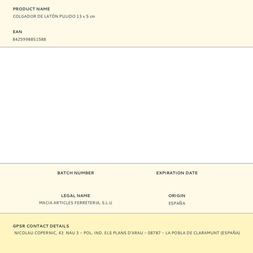 Colgador De Latón Pulido 13 X 5 Cm