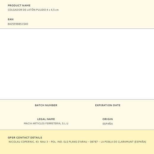 Colgador De Latón Pulido 4 X 4,5 Cm