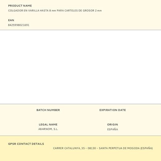 Colgador En Varilla Hasta 8 Mm Para Carteles De Grosor 2 Mm