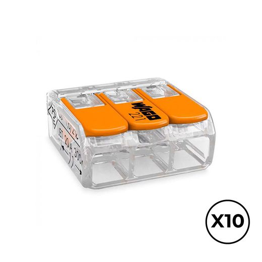 Conector Rápido Con Palanca 3 Vias, Ø Maximo 4 Mm²,  450 V , 32 A, Transparente, 18,8 X 18,6 X 8,4 Mm, 10 Uds