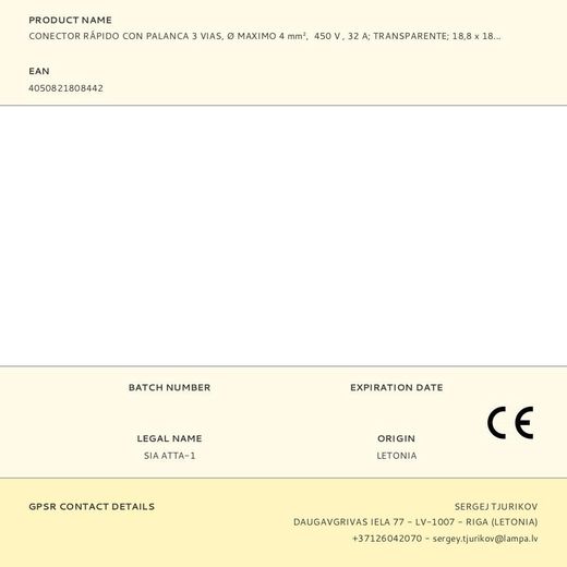 Conector Rápido Con Palanca 3 Vias, Ø Maximo 4 Mm²,  450 V , 32 A, Transparente, 18,8 X 18,6 X 8,4 Mm