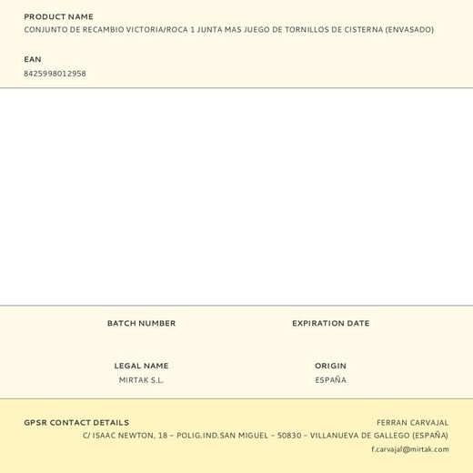 Conjunto De Recambio Victoria/Roca 1 Junta Mas Juego De Tornillos De Cisterna (Envasado)