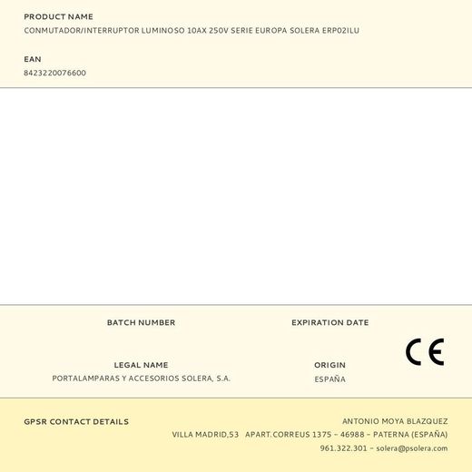 Conmutador/Interruptor Luminoso 10Ax 250V Serie Europa Solera Erp02Ilu
