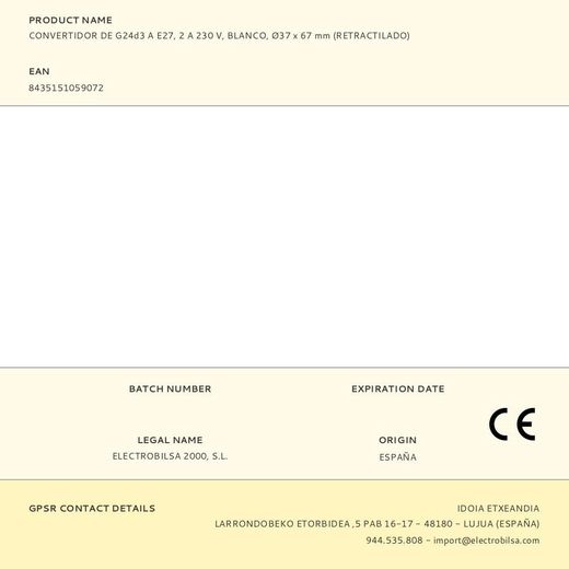 Convertidor De G24D3 A E27, 2 A 230 V, Blanco, Ø37 X 67 Mm (Retractilado)