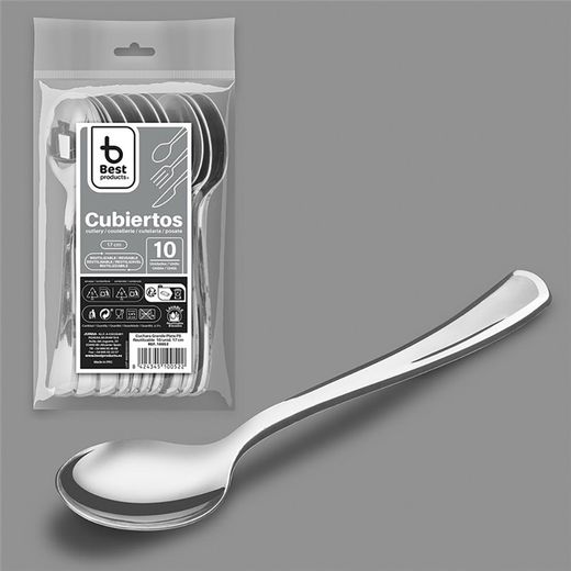 Cuchara Reutilizable Color Plata 17 Cm, 10 Uds