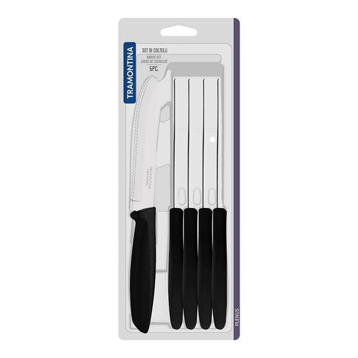 Cuchillos Dentados Para Carne Punta Redonda, Plenus, Negro, 6 Uds