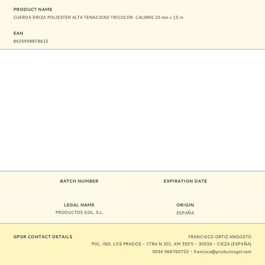Cuerda Driza Poliester Alta Tenacidad Tricolor. Calibre 10 Mm X 15 M