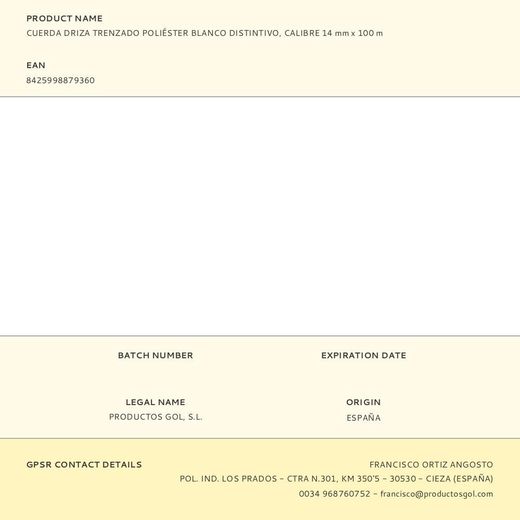 Cuerda Driza Trenzado Poliéster Blanco Distintivo, Calibre 14 Mm X 100 M